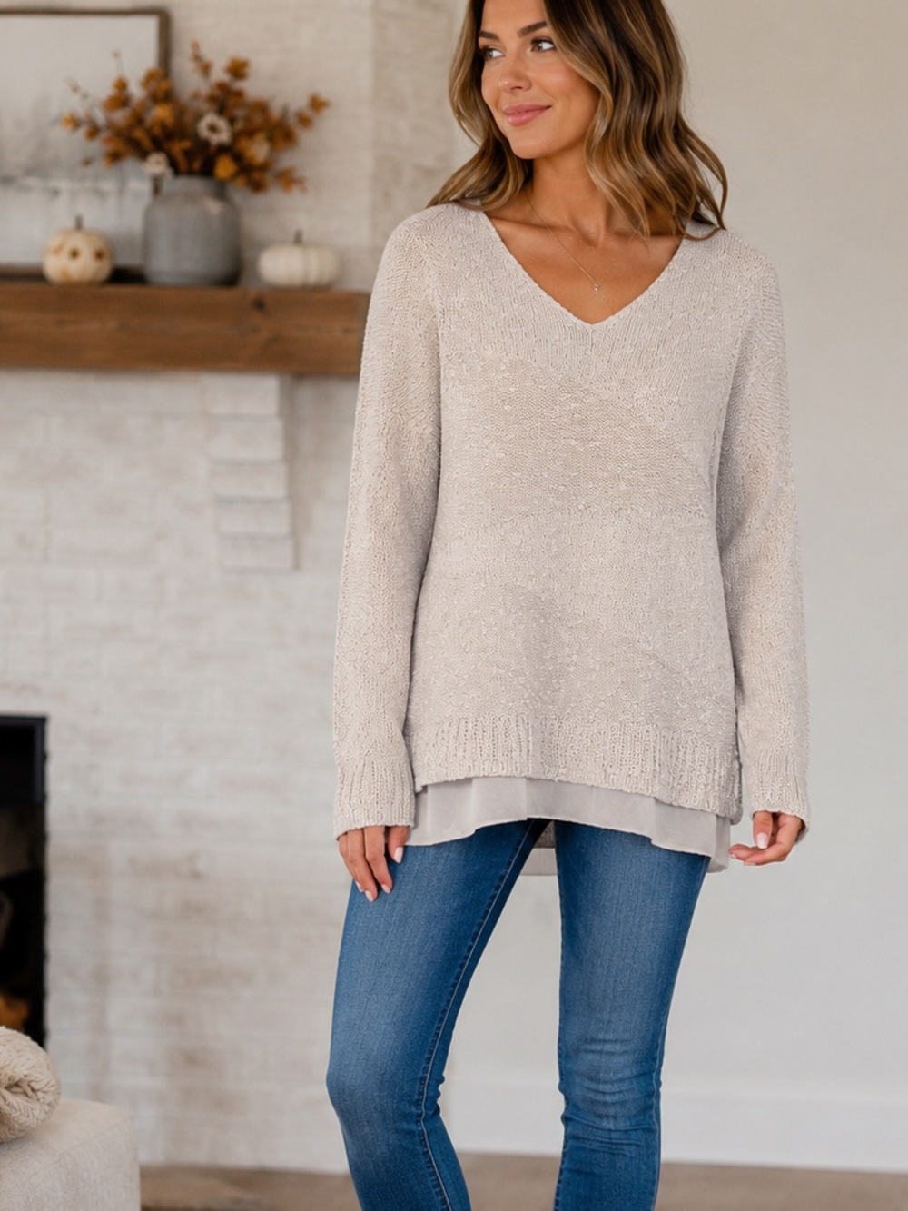 Chico's Layered V-Neck metallic threaded Sweater in beige